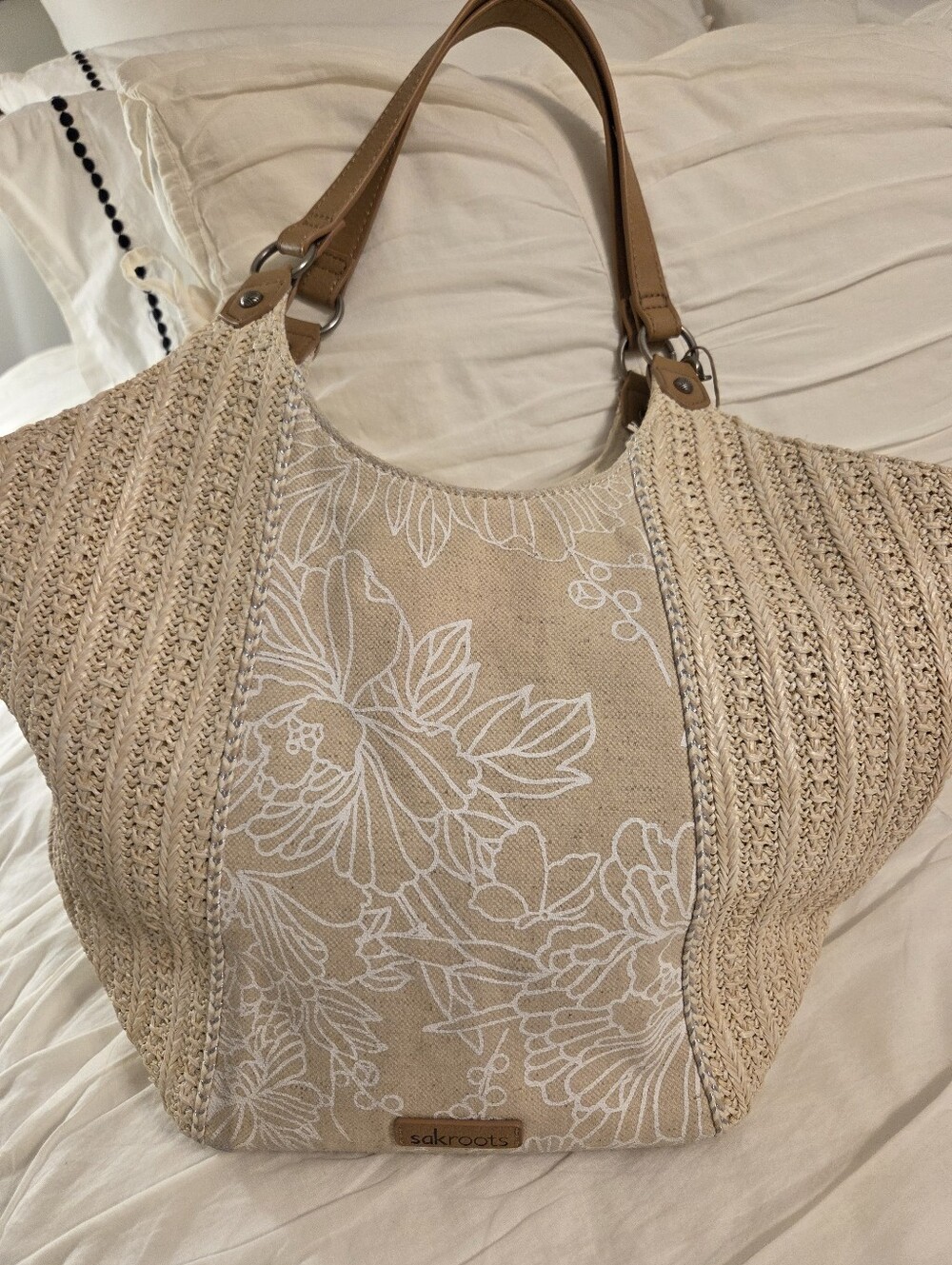 Sakroots Beige Floral Canvas Tote with Tan Accents